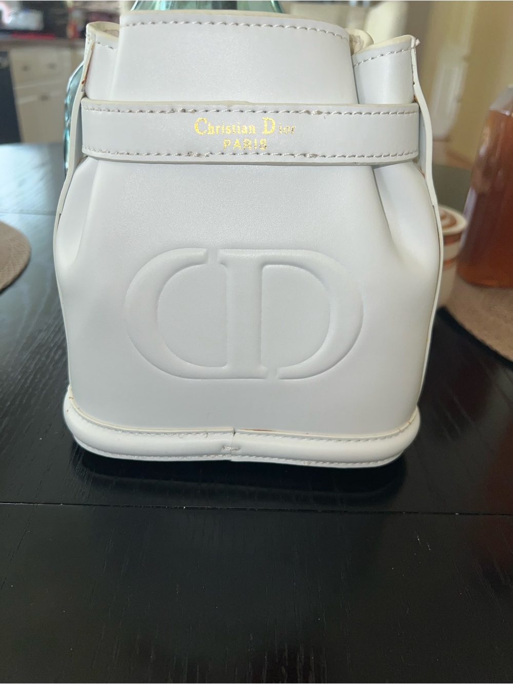 White Mini Bucket Bag with Gold Hardware - Embossed Logo - Picture 5 of 9